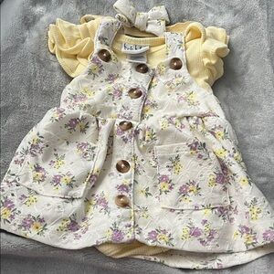 Nicole Miller Cream Floral Eyelet Overalls with Yellow Knit Top